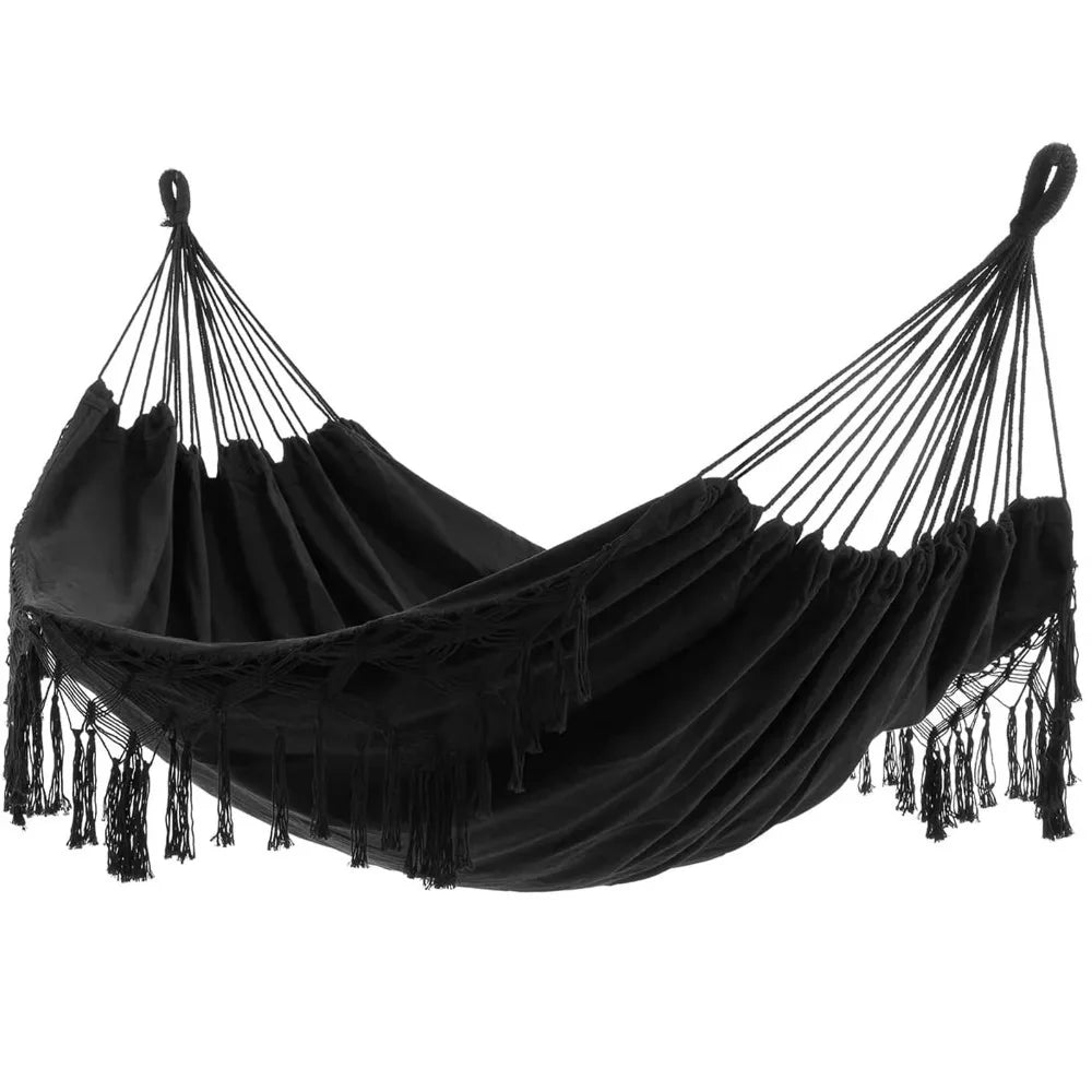 Large Double Deluxe Hammock Boho Style with Woven Tassels 2 Person Hammock Thickened Hanging Bed Canvas Swing Chair Bedroom Oasis Select 200x150cm-Black-tie