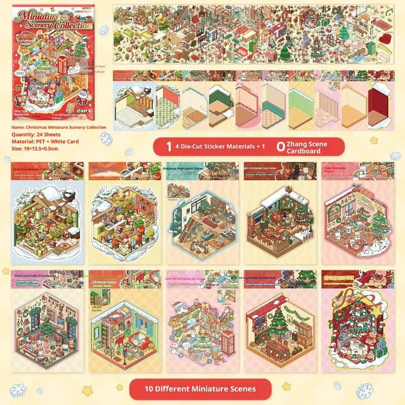 10Pcs/set Cartoon Christmas Miniature Scene Diorama Stickers DIY Handmade Stacked Scrapbook Stickers Holiday Decoration Gifts Oasis Select A2