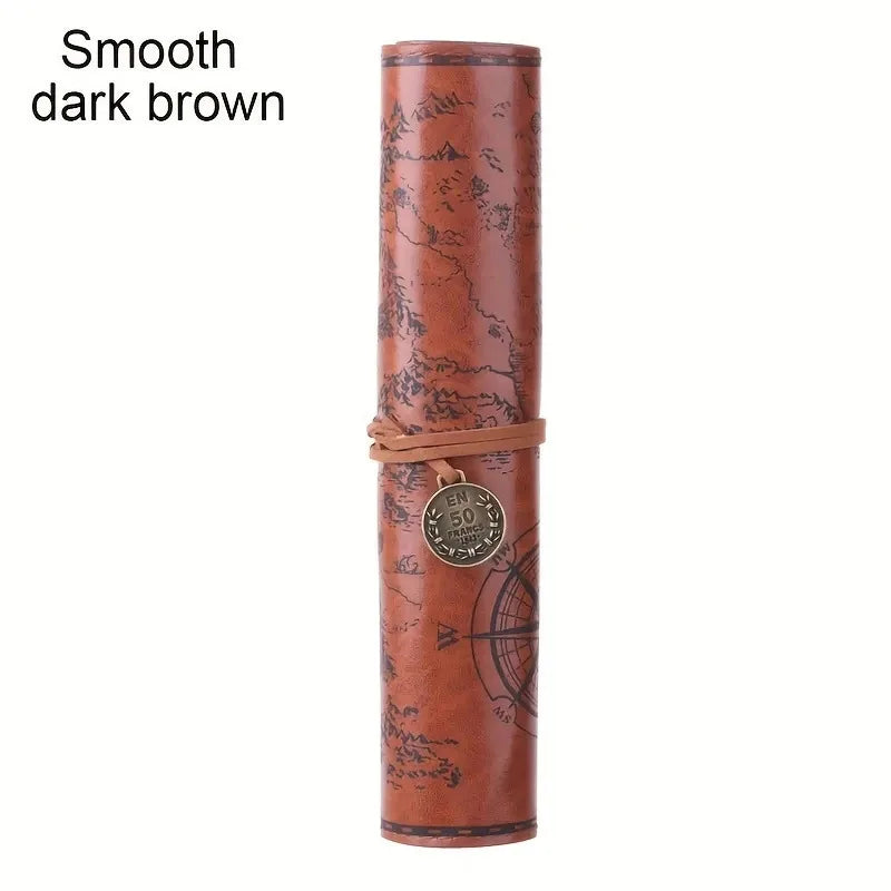 Creative Treasure Map Retro Leather Pencil Case Large Capacity Roll Up Pencil Bag Embossed Buckle Stationery Storage Pouch Oasis Select B