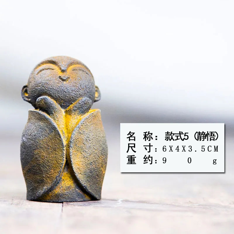 Zen Creative Cute Little Monk Buddha Statue Ornament Home Living Room Tea Play Desktop Imitation Cast Iron Handmade Craft Oasis Select - Rusty Version 5