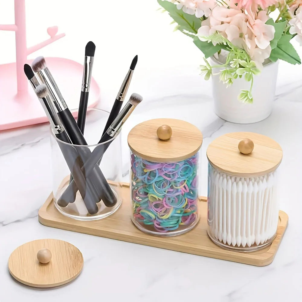 4 pcs/set ,3 swabs/balls/pads holder with 1 dresser bamboo tray, apothecary jar with bamboo lid, clear bathroom container Oasis Select