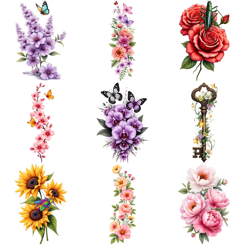 9-Piece Temporary Tattoo Stickers – Butterfly, Floral & Key