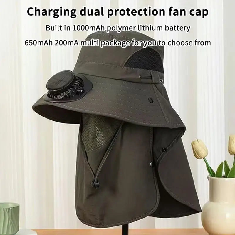 Men Solar Fan Wide Brim Fishing Hat with Shawl, USB Rechargeable UV Protection Outdoor Sun Hat Oasis Select