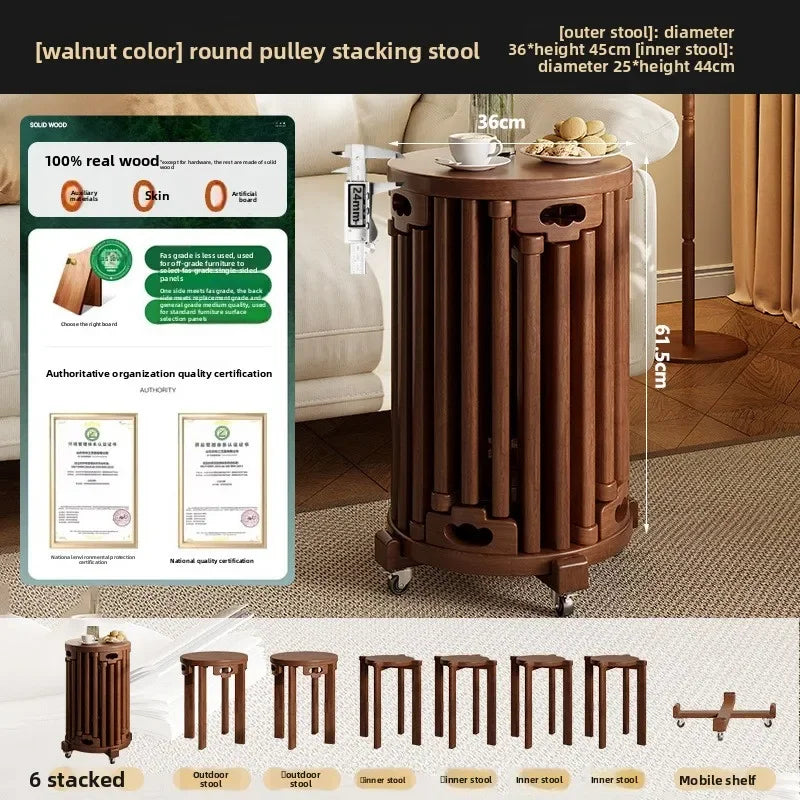 Household stools can be stacked solid wood round stools stacked low stools with pulleys wooden stools sturdy and durable Oasis Select Walnut-6A