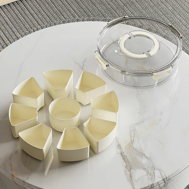 Round Snack Tray with Lid and Handle-Portable 9/6 ccells food storage box with 360 ° swivel and clear window cover for travel Oasis Select