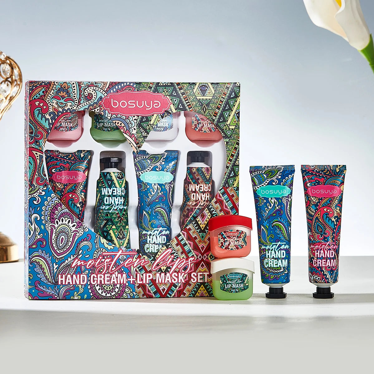 Bosuya 8-Pc Lip Mask & Hand Cream Set – Fruit Flavor Gift Lip & Hand Care Set Oasis Select