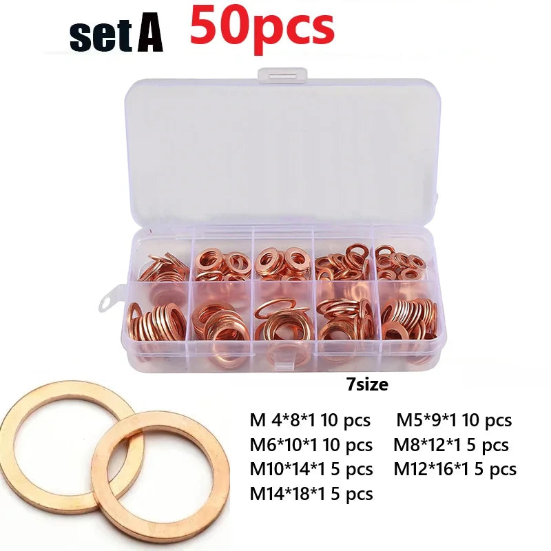 50/100/280/200/150Pcs Washer Copper Sealing Solid Gasket O Ring Copper Gaskets Flat Ring Seal Assortment Kit Hydraulic Accessory Oasis Select 50pcs