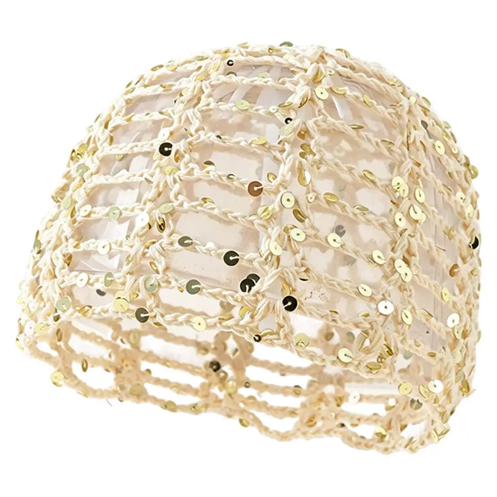 Y2K Sequined Crochet Beanie – Fishnet Pullover Hat for Women