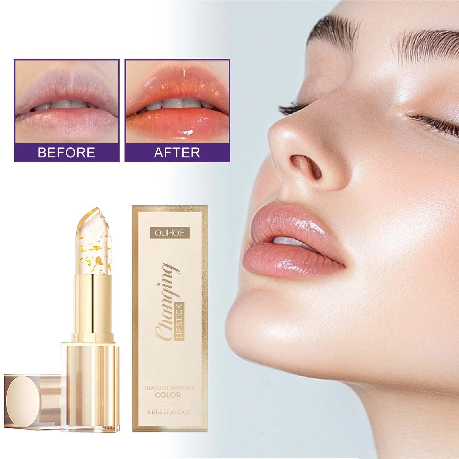 Gold Foil Color Changing Lip Balm Glossy Non-Sticky Nourishing Moisturizing Lasting Transferproof Color Changing Lipstick Oasis Select