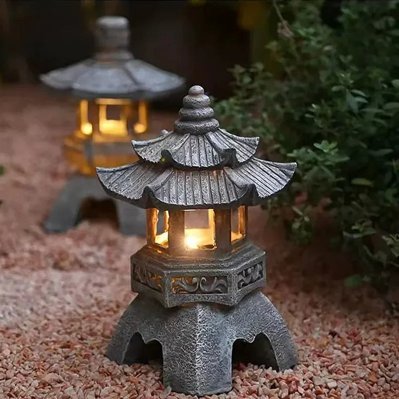 Solar Powered Japanese Pagoda Lantern Waterproof Outdoor Garden Decor Light Automatic Luminescence Zen Style Yard Pathway Lamp Oasis Select