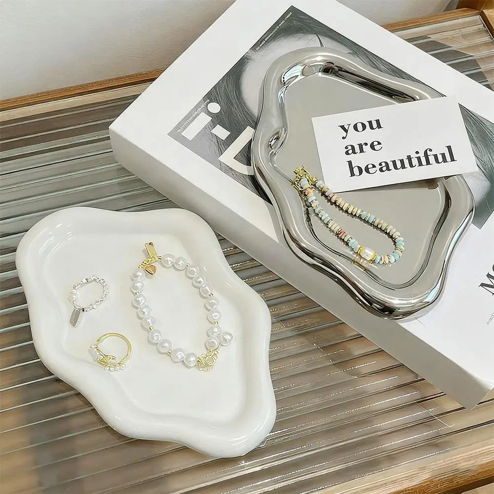 Simple Jewelry Storage Tray Creative White/silver Storage Tray Decorative Ornaments Electroplated Jewelry Tray Oasis Select