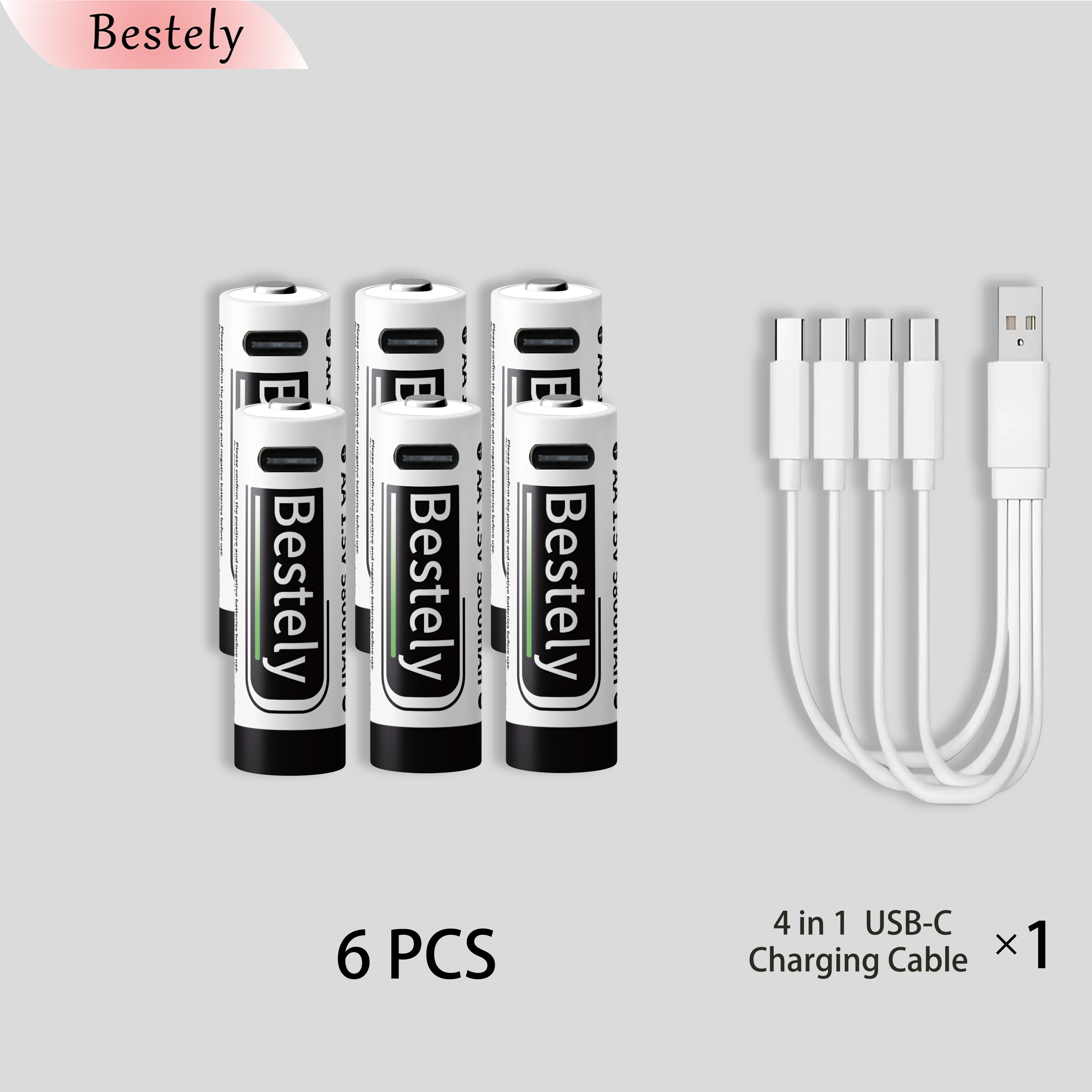 AA Rechargeable Batteries 1.5V 5800mAh Li-ion Battery Long-Lasting High Capacity Lithium Akku, 2000 Cycle with Free USB-C Cables Oasis Select 6 pcs batteries