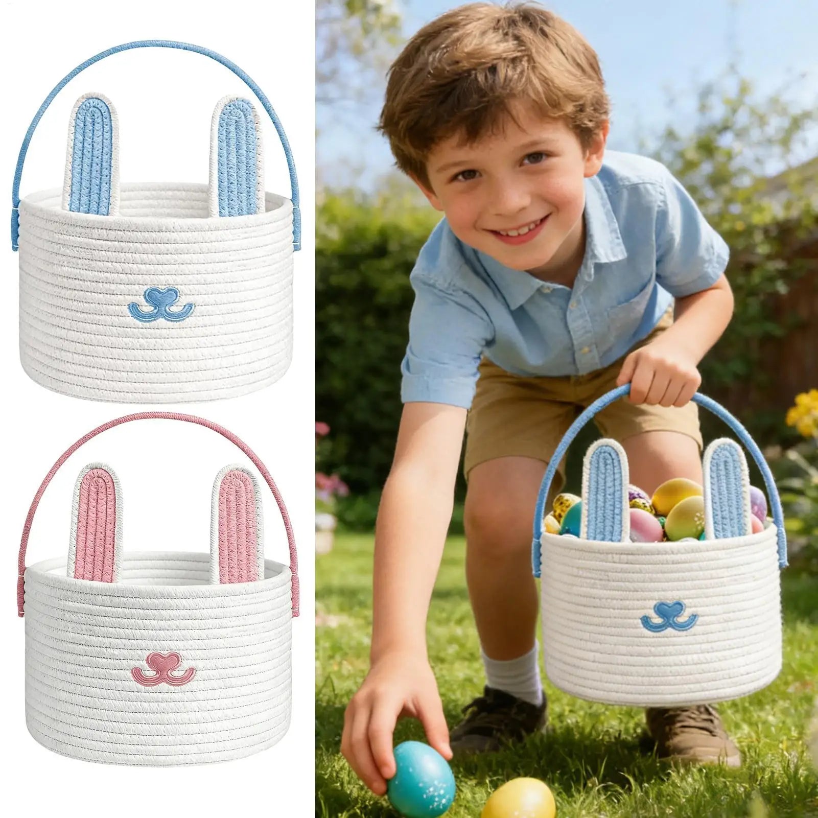 Easter Bunny Basket for Kids Cotton Rope Egg Hunt Container Easter Bunny Baskets with Handle for Toys Snacks Party Holiday Oasis Select