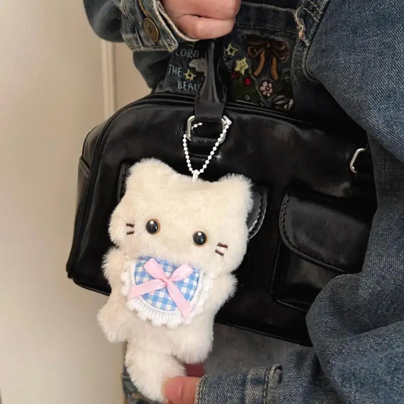Bib Plush Cat Bag Charm Cute Squeaky Pendant for Women Girls Kids Travel Daily Accessory Holiday Gift Oasis Select White