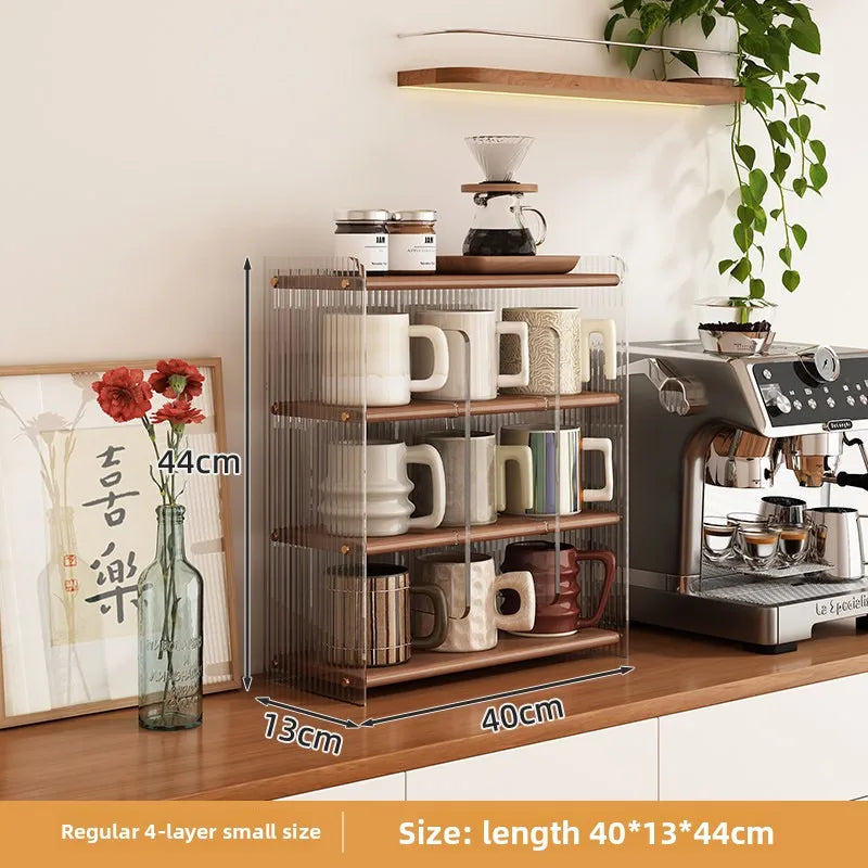 Coffee countertop cup holder, desktop rack, antique display, multi-layer acrylic solid wood water cup, kitchen storage rack Oasis Select 4 floors and 3