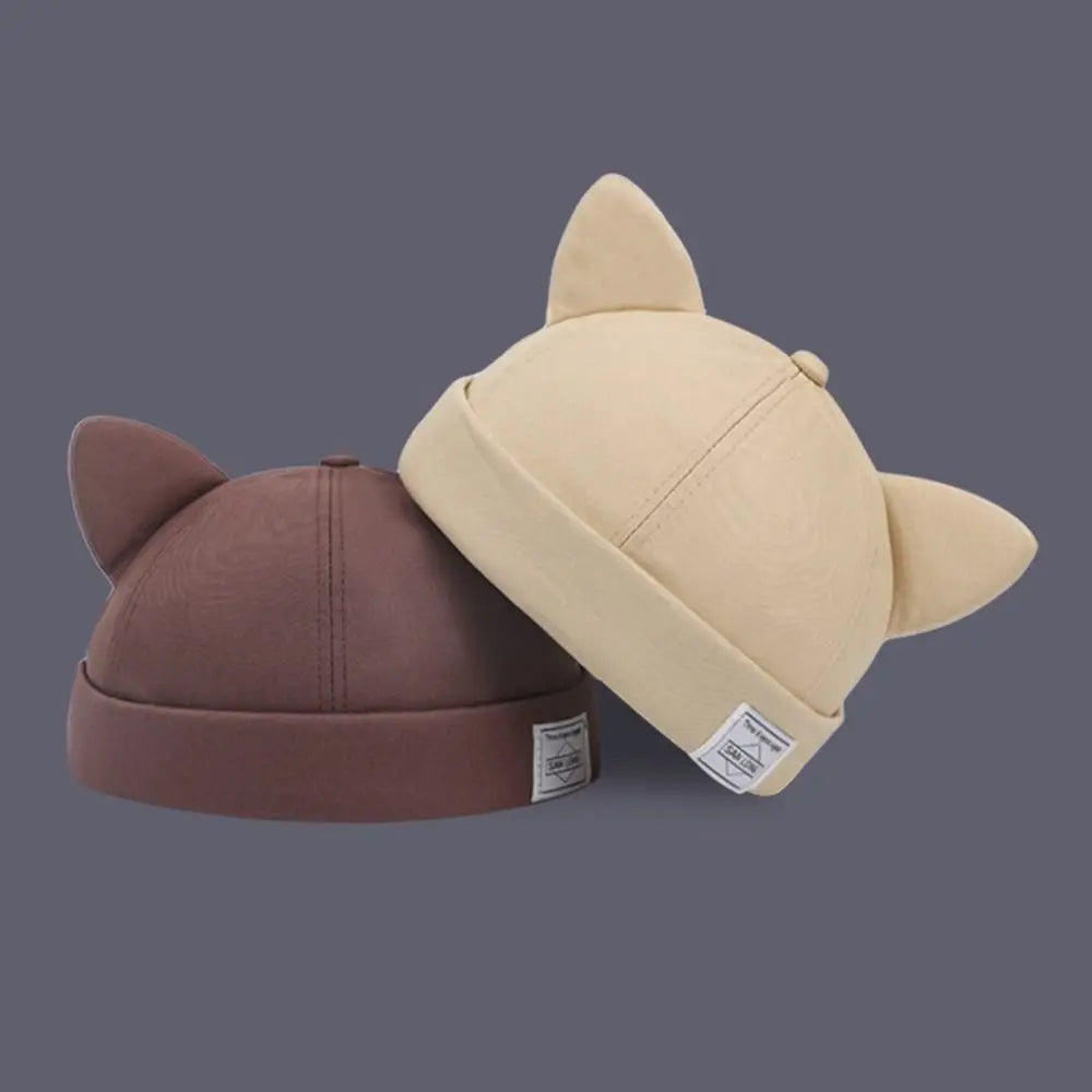 Casual Cotton Cat Ears Landlord Hat Solid Color Brimless Beanie Hat Adjustable Hip Hop Melon Skin Hat Spring Summer Oasis Select