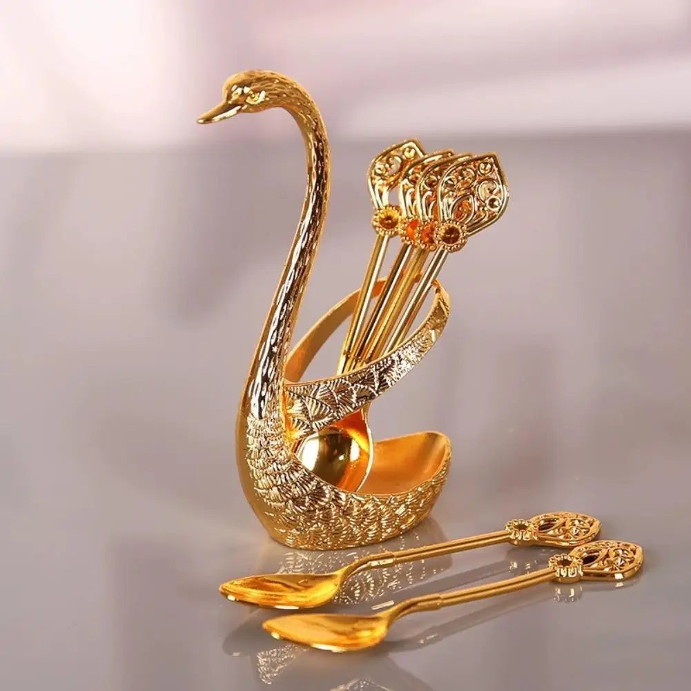 Stainless Steel Creative Dinnerware Set Decorative Swan Base Holder With 6 Spoons For Coffee Tea Cake Dessert Kitchen Supplies Oasis Select
