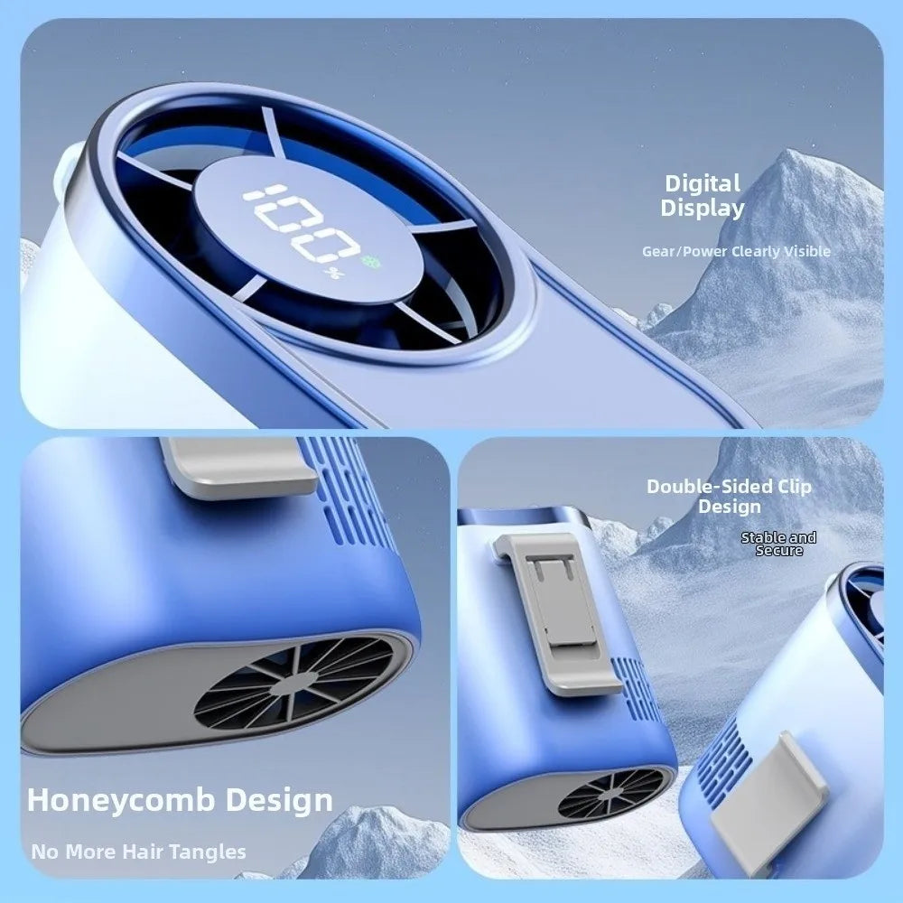 Portable Waist Clip Fan USB Rechargeable Strong Airflow Hanging Neck Fan LED Display Compact Design Cooling Fan Climbing Oasis Select