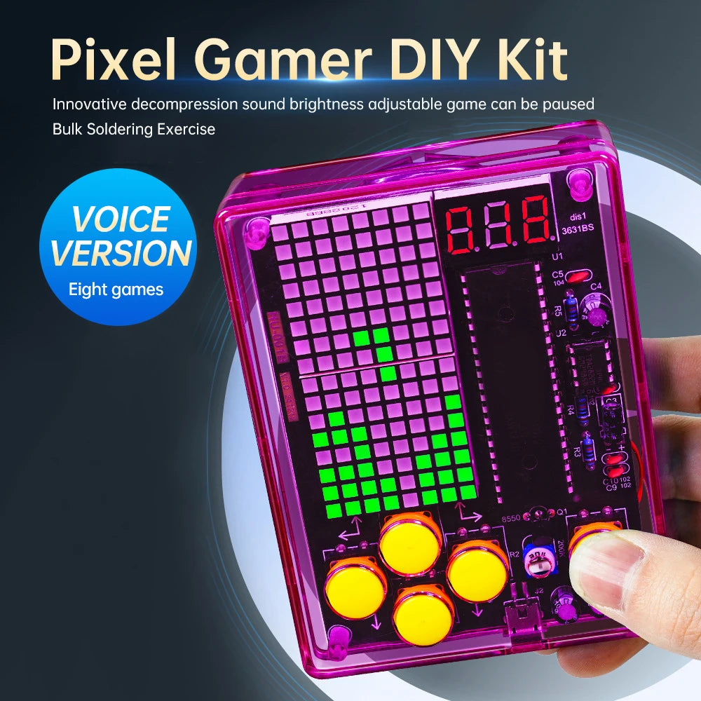 Upgraded DIY Game Kit Retro Classic Electronic Soldering Welding Tranning Set with Purple Blue Acrylic Case Mini Game Console Oasis Select