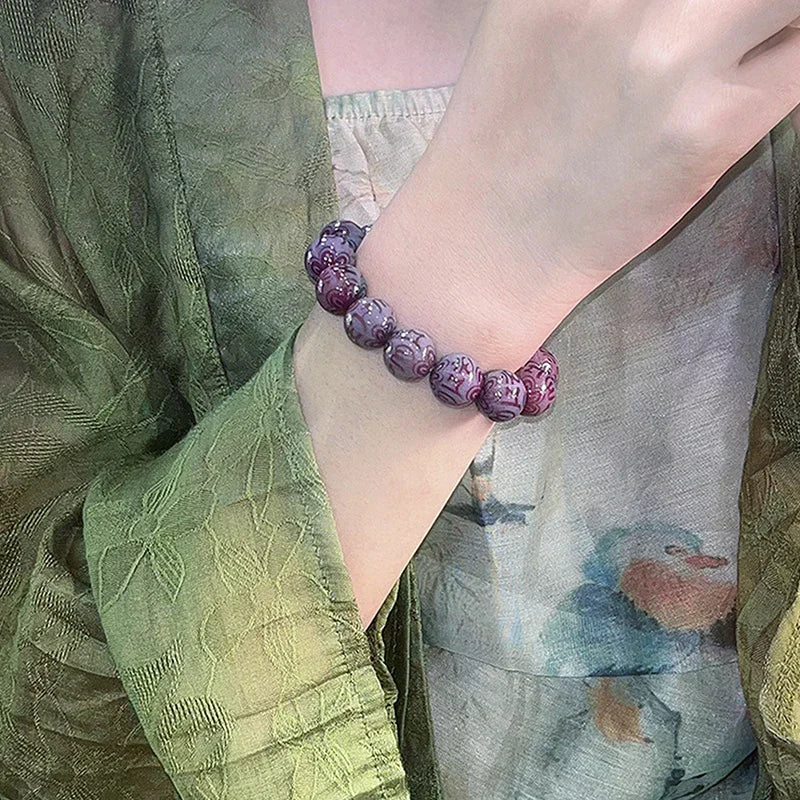Natural Purple Bodhi Root Beaded Bracelet Buddhist Beads Rosary Beads Carved Lucky Jewelry Oasis Select