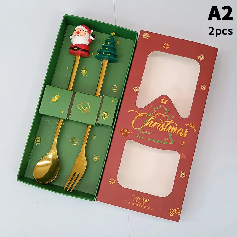 Stainless Steel Christmas Dessert Spoons Cake Forks with Cartoon Christmas Tree Elk Design - Set of 1/2/4/6 - Gift Box Included Oasis Select A2