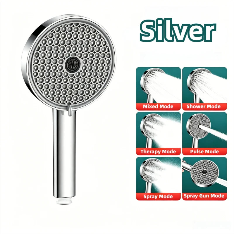 6 Modes Adjustable Pressure Boost Shower Head 12.5CM Big Panel High Pressure Large Flow Handheld Showerhead Bathroom Accessories Oasis Select Silver