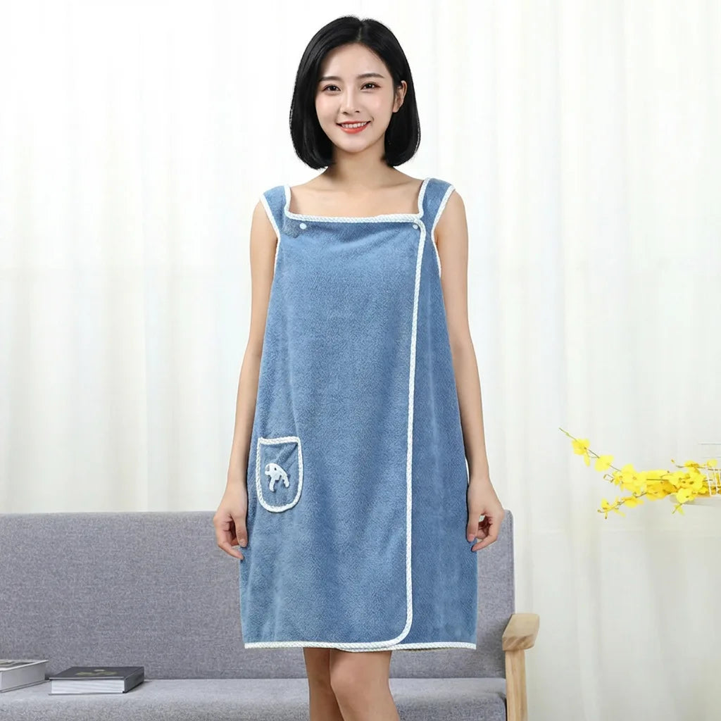 Coral Fleece Bath Skirt Soft Thick Highly Absorbent Wearable Towel with Bow Pocket Suspender Style Robe for Bathroom Oasis Select