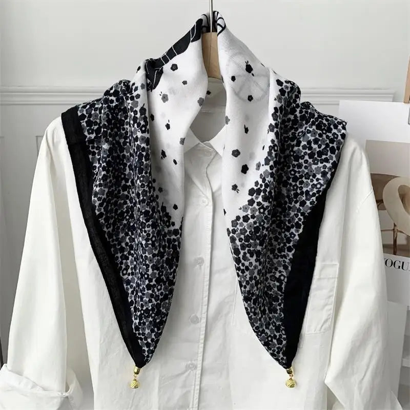 70x70 Retro Print Square Silk Scarf with Magnetic Buckle
