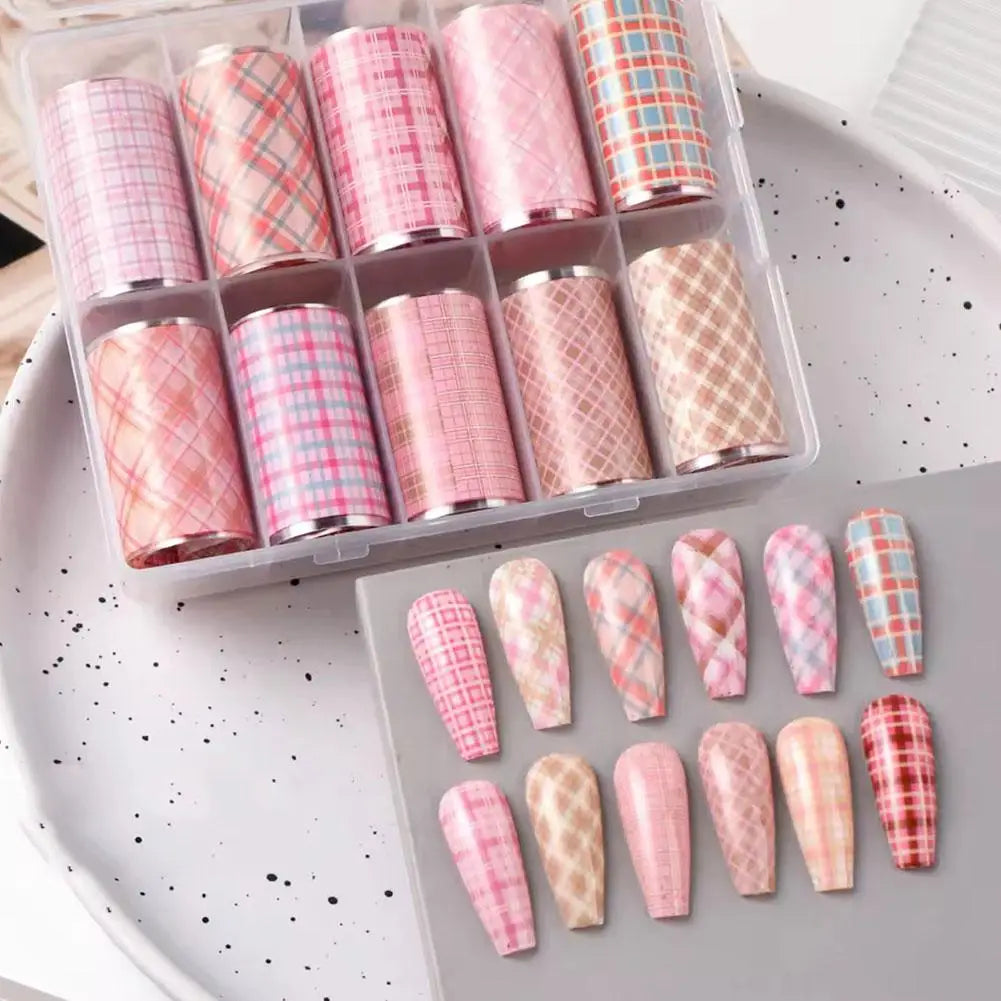 10-Roll Plaid & Flower Nail Foil Transfer Stickers | Self-Adhesive Nail Art Foil Set Oasis Select