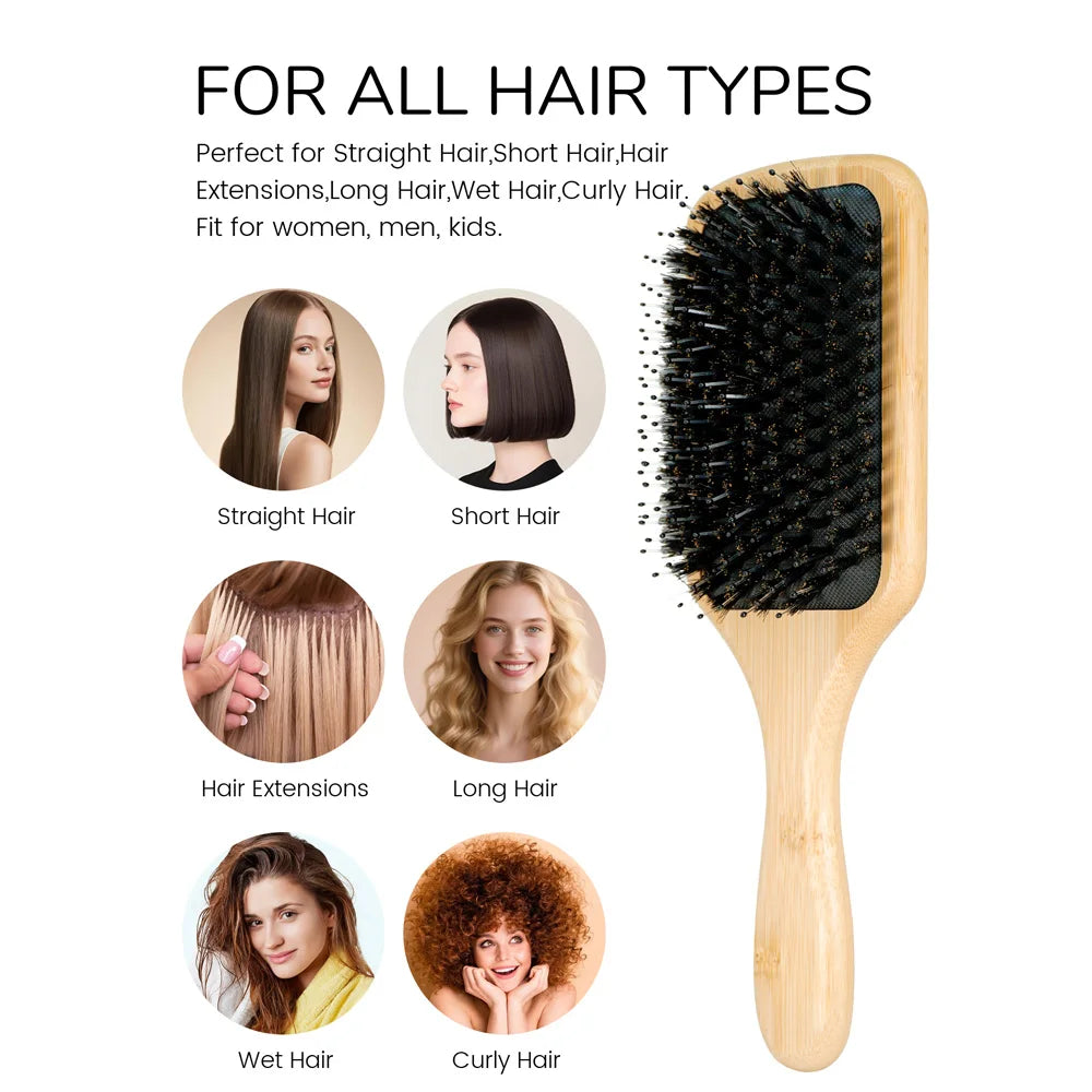 2-in-1 100% Natural Wooden Hair Brush & Rat Tail Comb Set - Professional Bristle Brush for Detangling, Scalp Massage & Hair Care Oasis Select