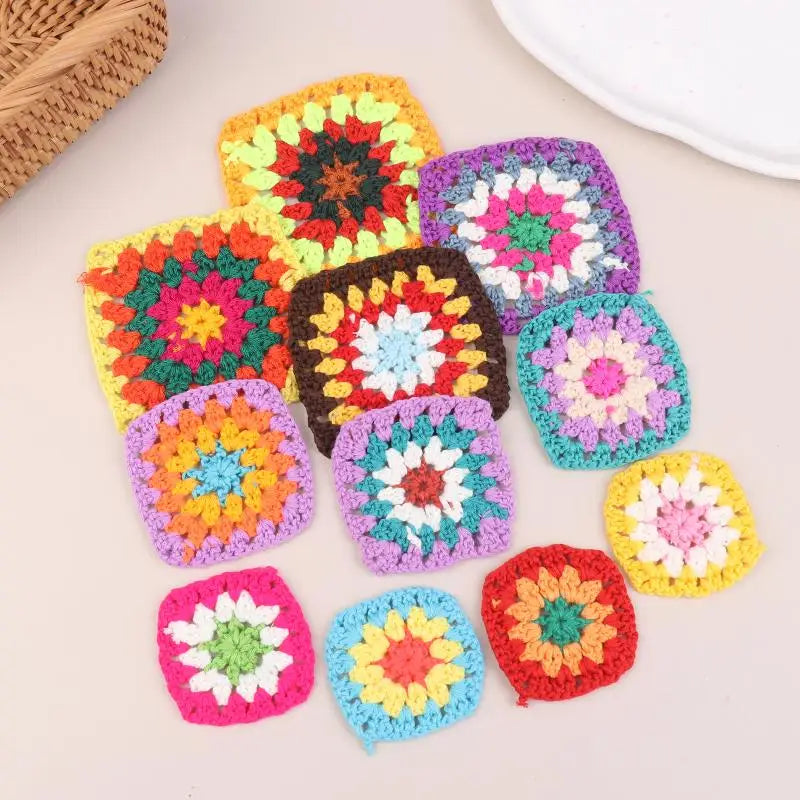 10Pcs Random Mix Colors Handmade Crochet Doilies Suit Square Flower Piece For Diy Clothing Pocket Coaster Bag Tablecloth Oasis Select
