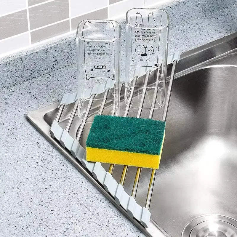 Roll Up Triangle Dish Drying Rack Kitchen Sink Organizer Corner Over the Sink Sponge Rag Holder Foldable Stainless Steel Drainer Oasis Select