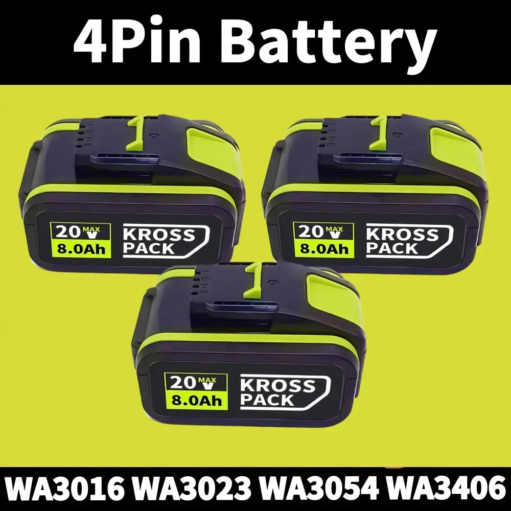 20V 6.0Ah & 8.0Ah WA/WX Tools Battery, 3H Fast Charge with LED Display & 5 Protections, Compatible WA3016/WA3023/WA3054 Oasis Select B-4Pin-8.0Ah-3pcs