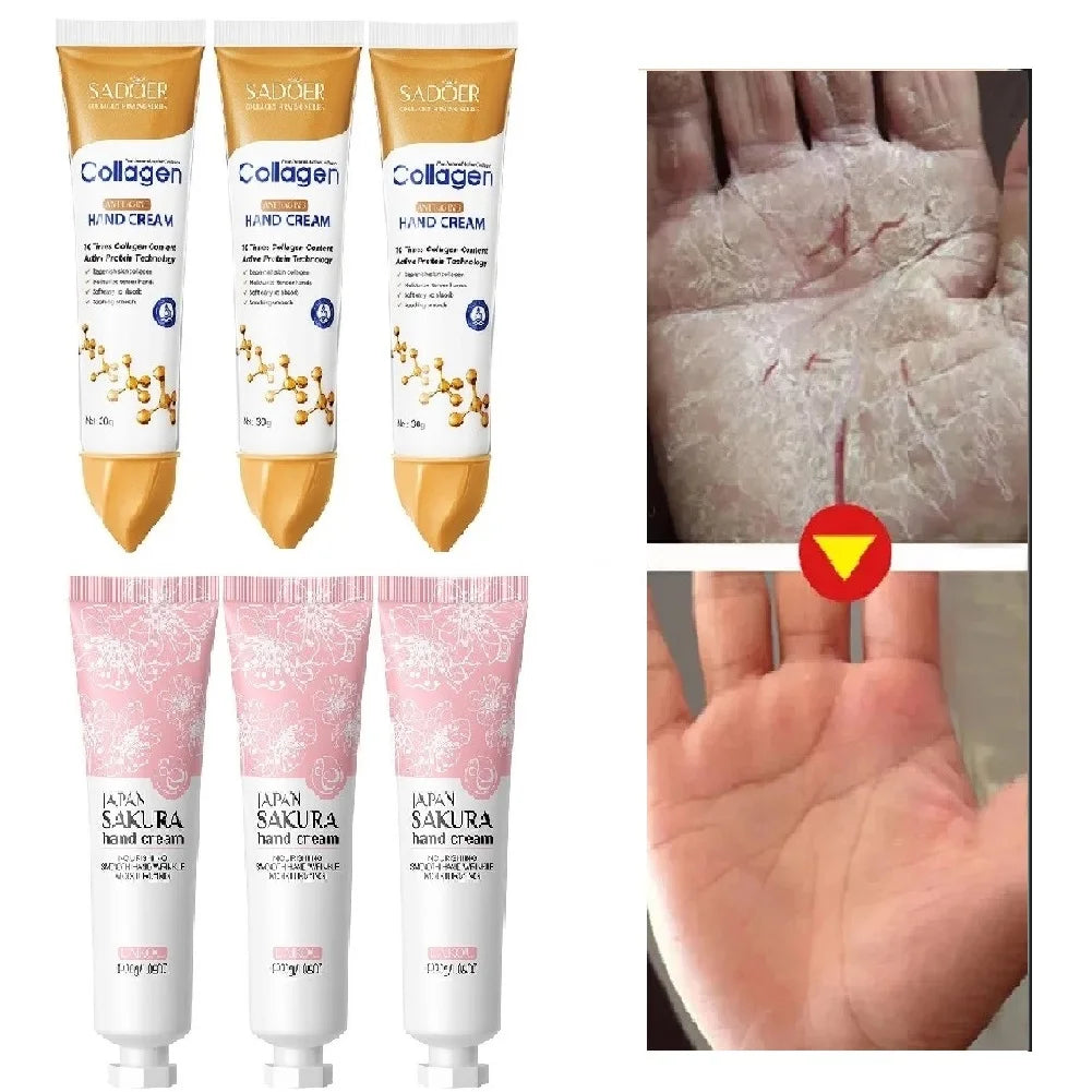 3pcs Sakura/Collagen Hand Cream Hydrating Moisturizing Cherry Blossom Essential Oil Deep Repairing Smoothing Hand Care Cream Oasis Select