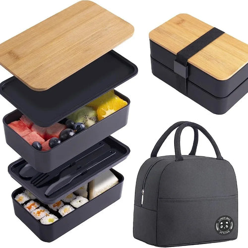 1200ML Divided Lunch Box Picnic Microwave Wooden Cover Japanese Bento Box Portable Double Layer Food Container For Kids Oasis Select