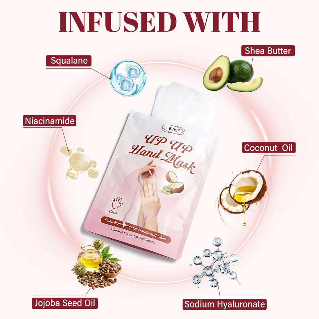 UP UP Hand Mask 6Pcs – Soften with Coconut Oil & Milk Extract, Deep Moisturizing Gloves for Dry, Rough Skin, Self Care Spa Kit Oasis Select
