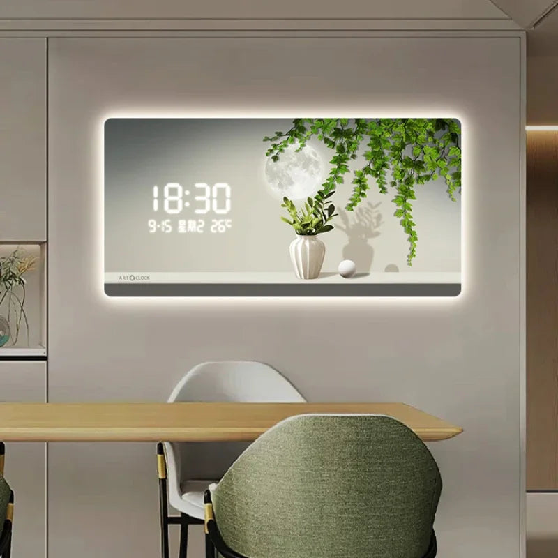 Simple Green Plant Digital Electronic Clock Living Room Decoration Painting Plug-in Digital Display Screen Light Wall Clock Oasis Select