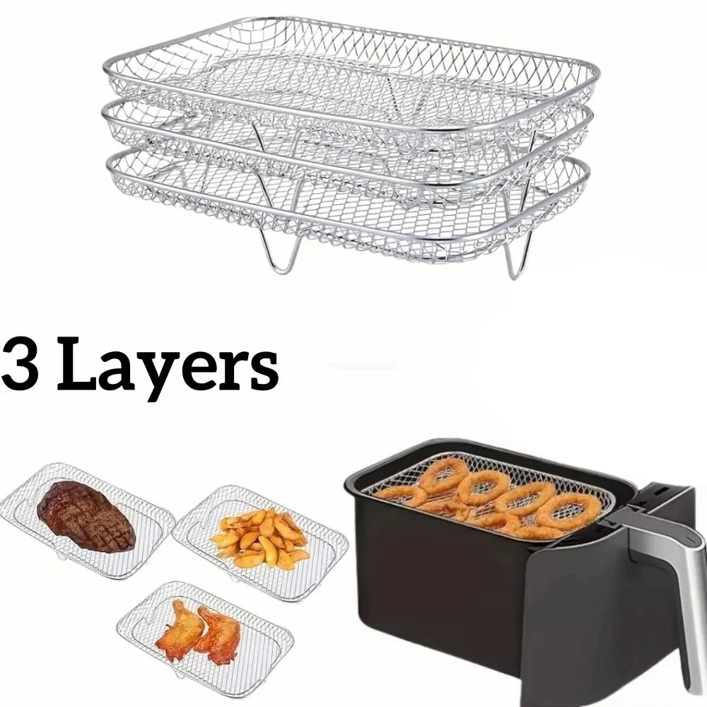 1/3Layer Air Fryer Racks Stainless Steel Square Air Fryer Basket Tray Stackable Dehydrator Racks Air Fryer Accessories Kitchen Oasis Select 3pc Rectangle