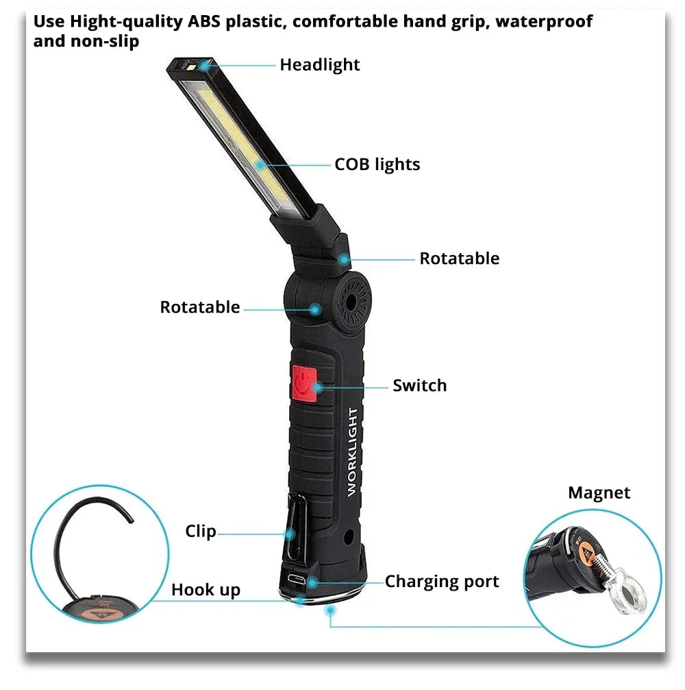 Rechargeable Camping LED Flashlight Work Light with Magnet and Hook IP64 Waterproof 5 Lighting Modes Suitable for Night Work Oasis Select