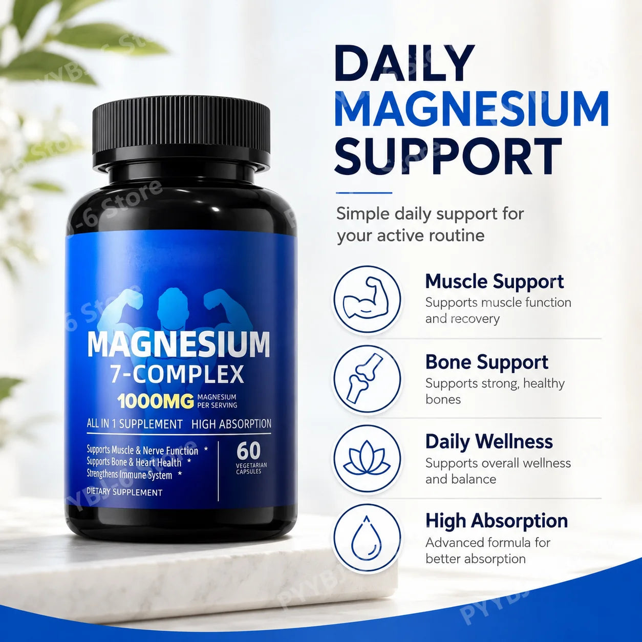 Magnesium 7 Complex 1000mg – Glycinate, Citrate, Zinc, D3 & B6 60ct Magnesium Supplement Oasis Select