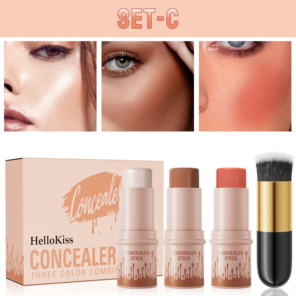 Hello Kiss 3-Piece Cream Contour Set – Contour, Highlight & Blush