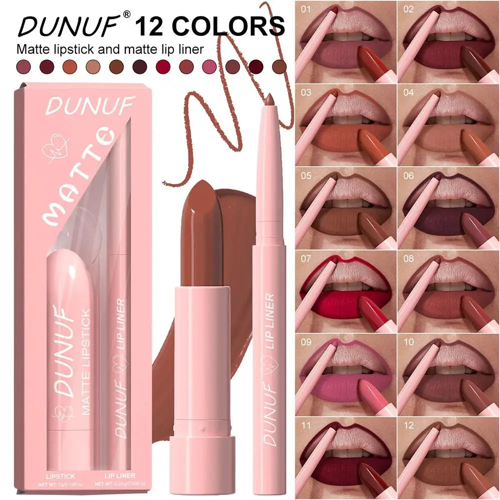 DUNUF 12-Color Matte Lipstick & Lip Liner Set – Waterproof