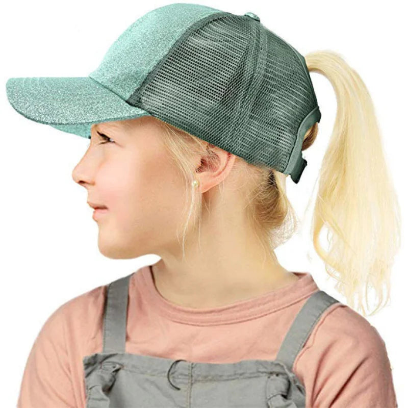Classic quick drying large brim children's baseball cap with shiny ponytail and sequined hat, fashionable sun protection, casual Oasis Select