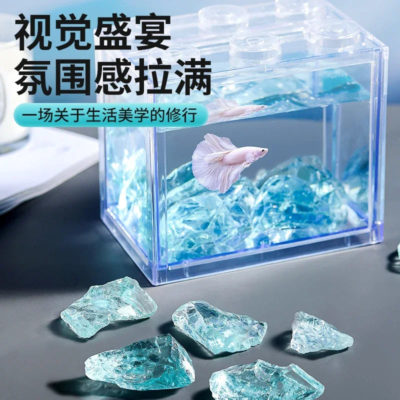 Ice Blue Glass Crystal Stone Fish Tank Landscape Decoration Creative Decoration Sky City Scenery Shop Bottom Ornamental Stone Oasis Select