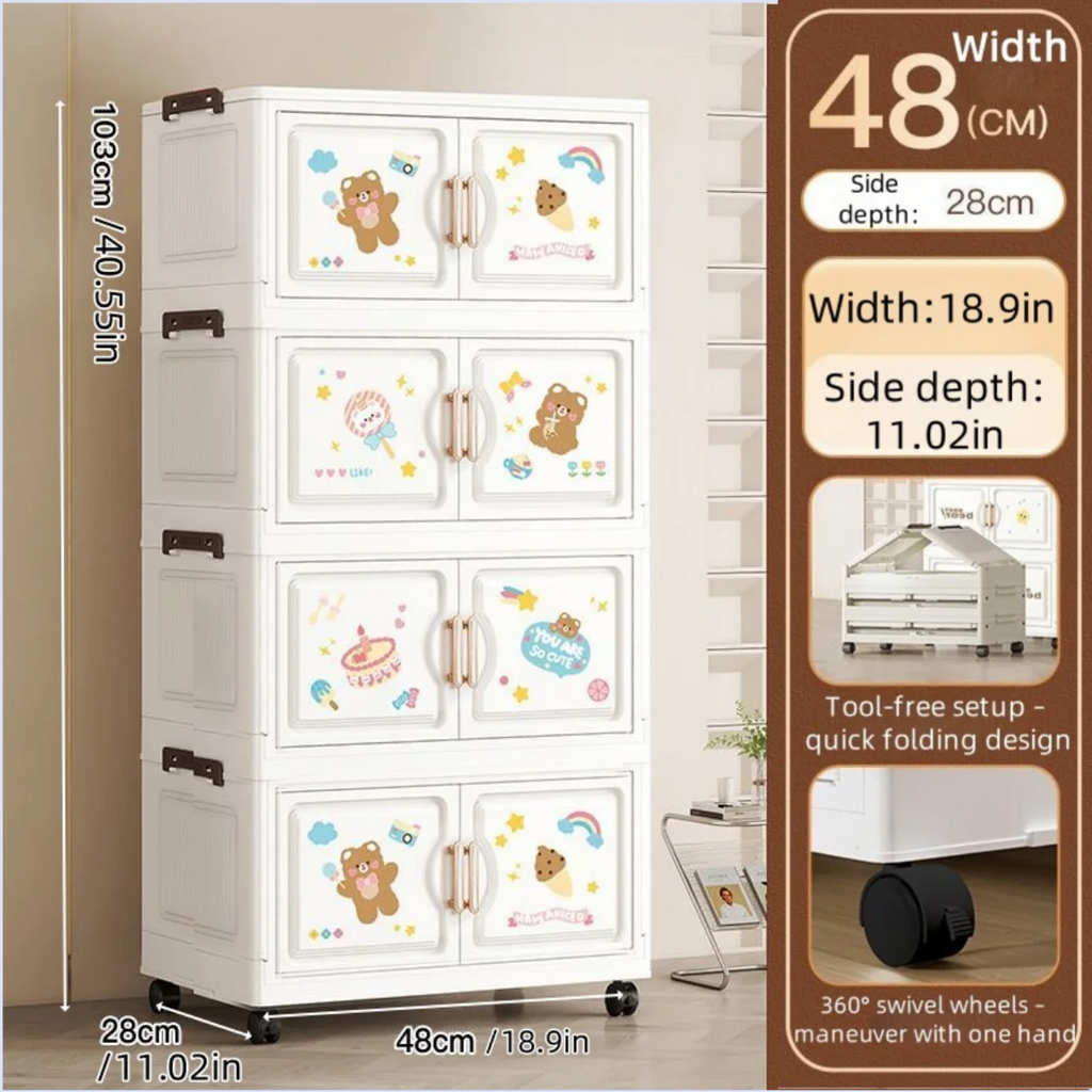 18.9 Inch Cartoon Foldable Storage Box,1-6 Tier Heavy-Duty Rolling Organizer,2 Colors for Bedroom/Living Room/Kitchen/Study Oasis Select 4 Layer Bear