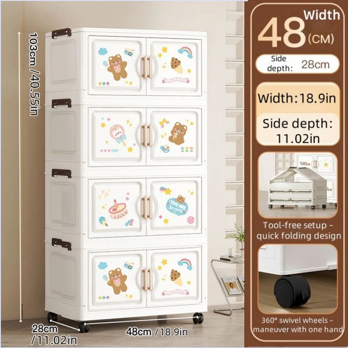 18.9 Inch Cartoon Foldable Storage Box,1-6 Tier Heavy-Duty Rolling Organizer,2 Colors for Bedroom/Living Room/Kitchen/Study Oasis Select 4 Layer Bear
