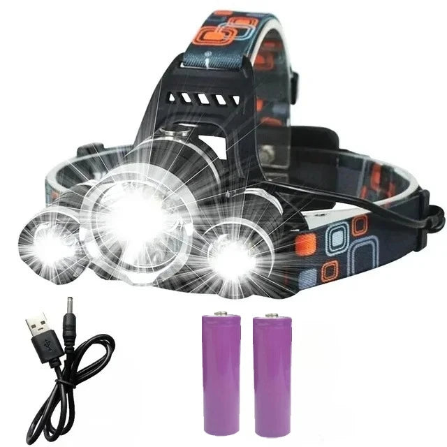 Super Bright Rechargeable LED Fishing Headlamp Waterproof Outdoor Hunting Camping Head Light for Night Activities Oasis Select 3head With battery