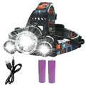 Super Bright Rechargeable LED Fishing Headlamp Waterproof Outdoor Hunting Camping Head Light for Night Activities Oasis Select 3head With battery