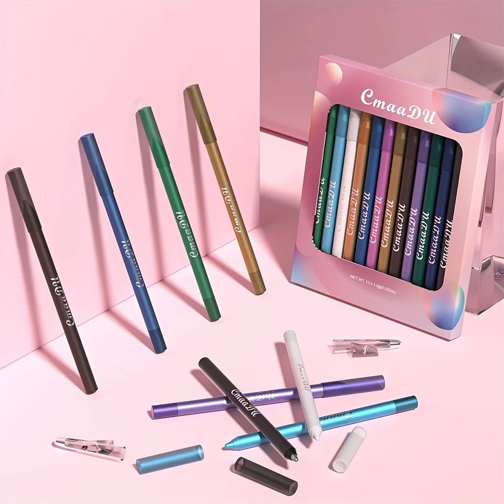 CmaaDu 12 Pcs Set of Waterproof Eyeliner Pens with Shimmering Effects - Includes Eyeshadow Durable and Easy to Color Highlighter Oasis Select