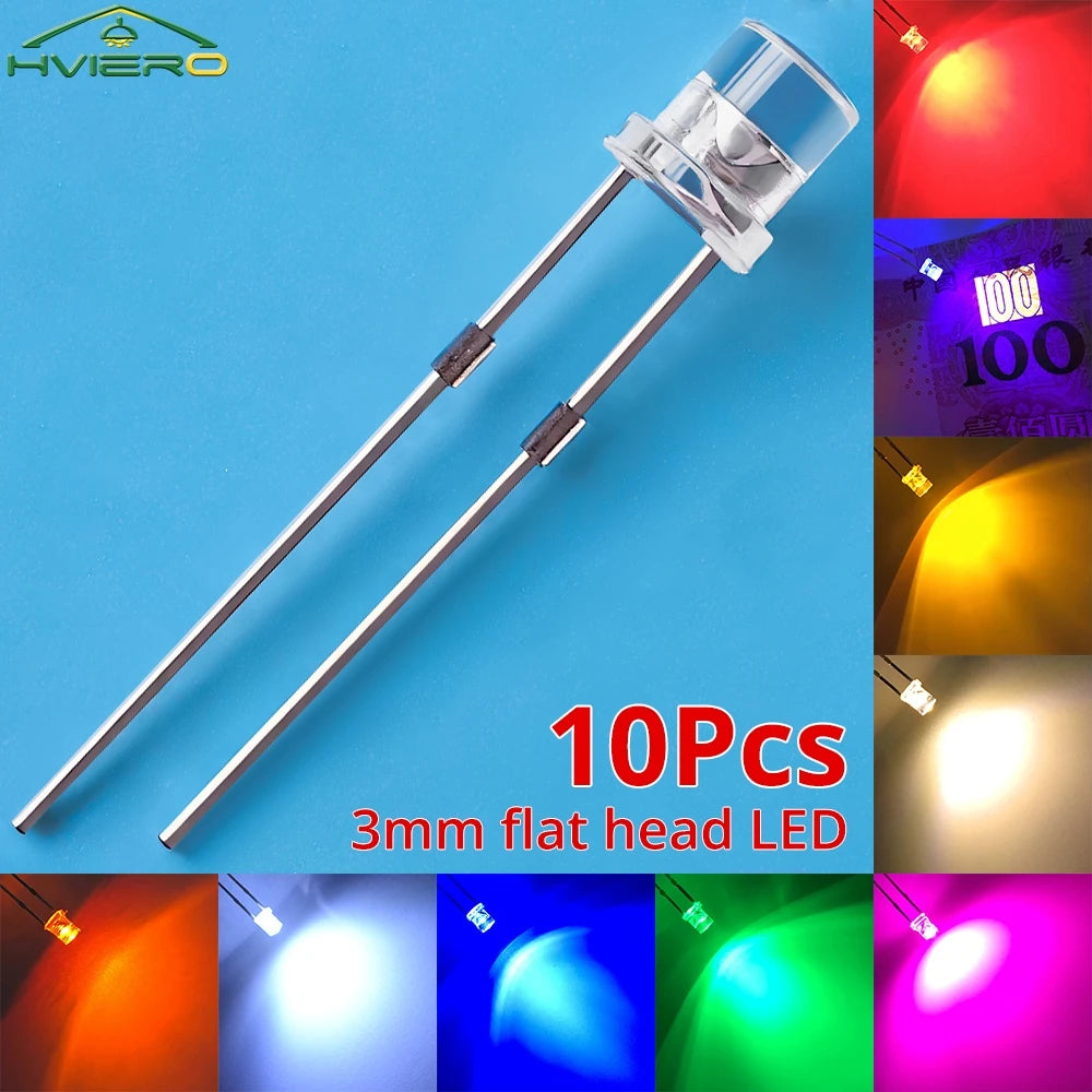 F3 3mm Flat Top LED Diodes 10/20PCS – Ultra Bright Wide Angle